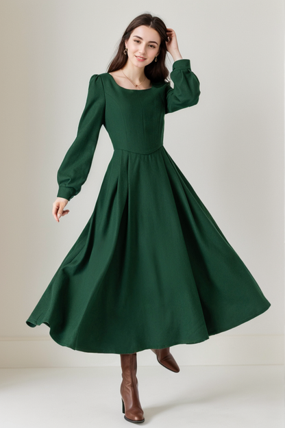 Vintage Wool Midi Dress – Dark Green A-Line Silhouette – 5236