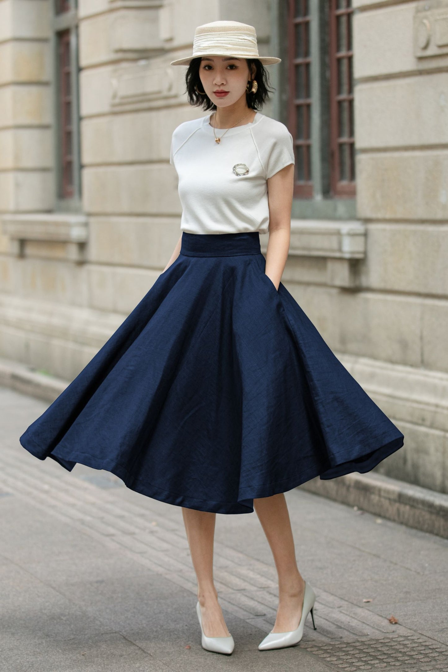 Navy Linen Midi Skirt - High Waist A-Line | Xiaolizi 6751