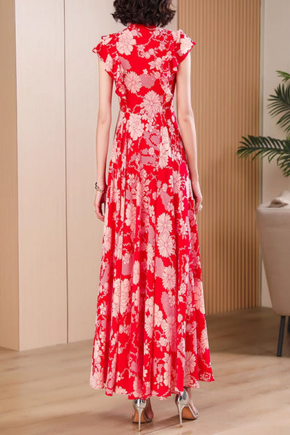 Red floral printed maxi chiffon dresses for women 4990