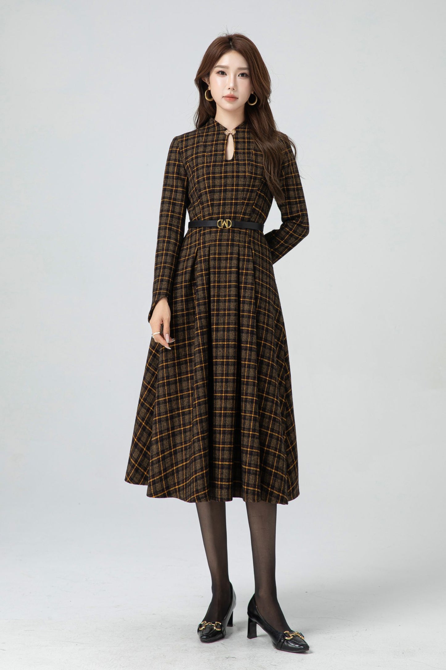 Retro plaid midi wool dress women 5302