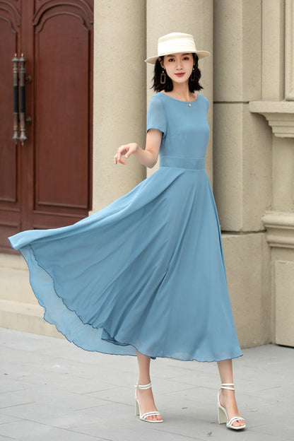 Blue Chiffon Midi Dress - Swing Silhouette with Fitted Waist 5147