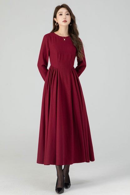 Burgundy Wool Maxi Dress - Fit and Flare Silhouette with Pleated Waist 4545