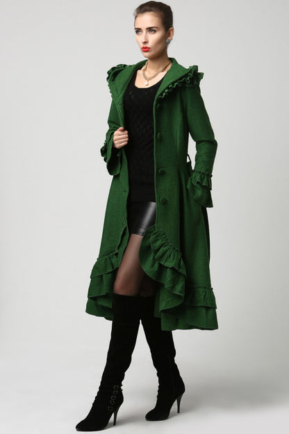 Dark Green Wool Coat – Vintage Ruffle Hooded Winter Overcoat with Tie Belt 1120