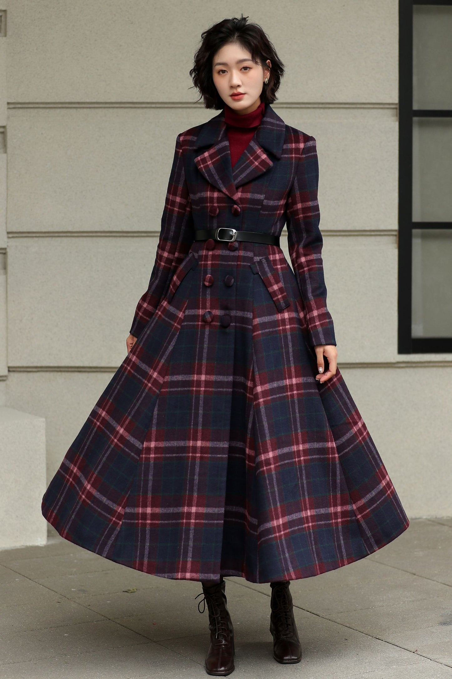 Plaid Wool Swing Coat – Vintage 1950s Double Breasted Long Overcoat 6536