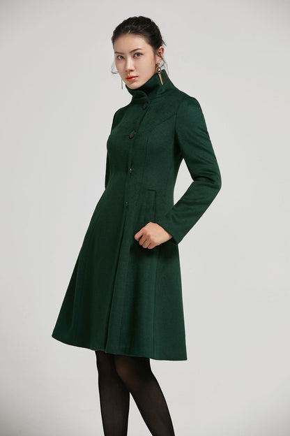 Emerald Green Wool A-Line Winter Coat - Vintage Stand Collar 2313
