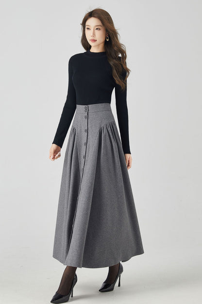 Button down gray maxi wool skirt 4526