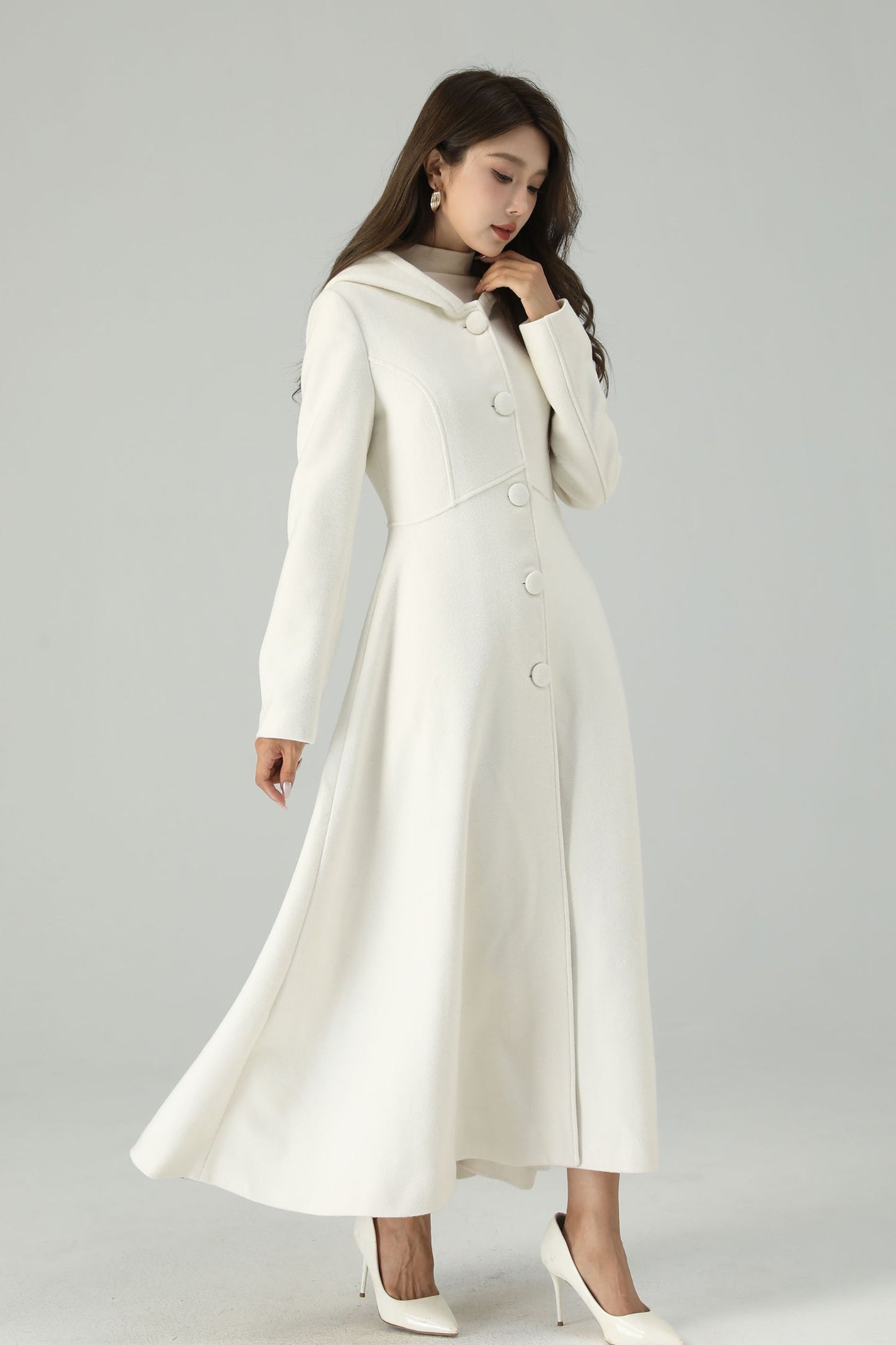Hooded maxi white wedding wool coat 4519
