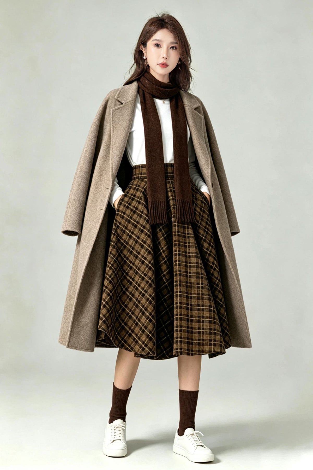 Vintage Brown Plaid Wool Swing Midi Skirt-High Waist Flared Skirt with Pockets 7013