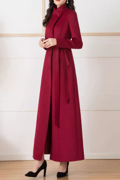 Wine Red Wool Long Trench Coat - Stand Collar, Belted Waist 5294