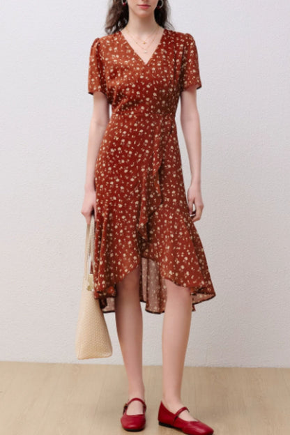 Red Floral Dress with Soft Asymmetrical Hem | Xiaolizi 6825