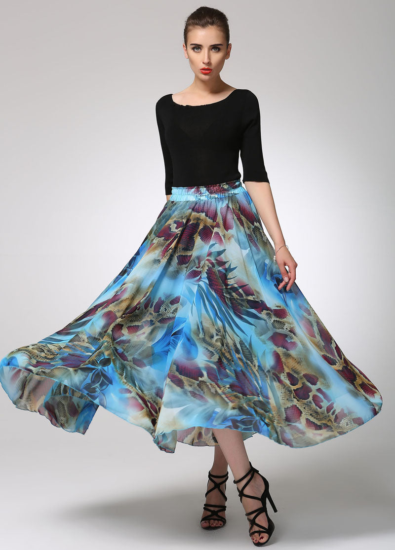 Abstract Print Chiffon Maxi Skirt for Women with Elastic Waist | Xiaolizi 1294