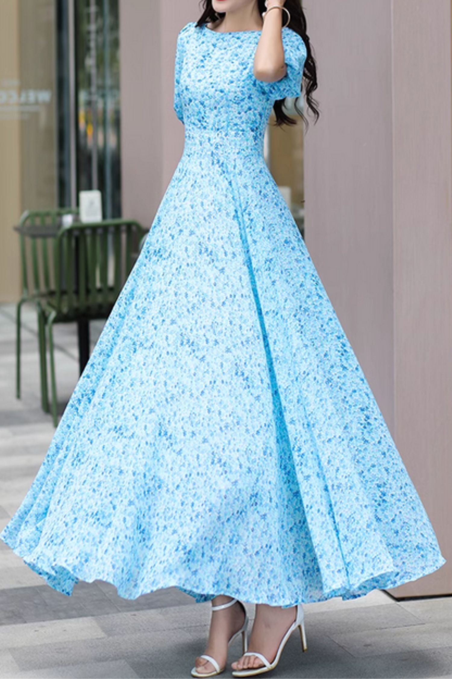 Blue Chiffon Maxi Dress - Floral Pattern, Fitted Waist 5017