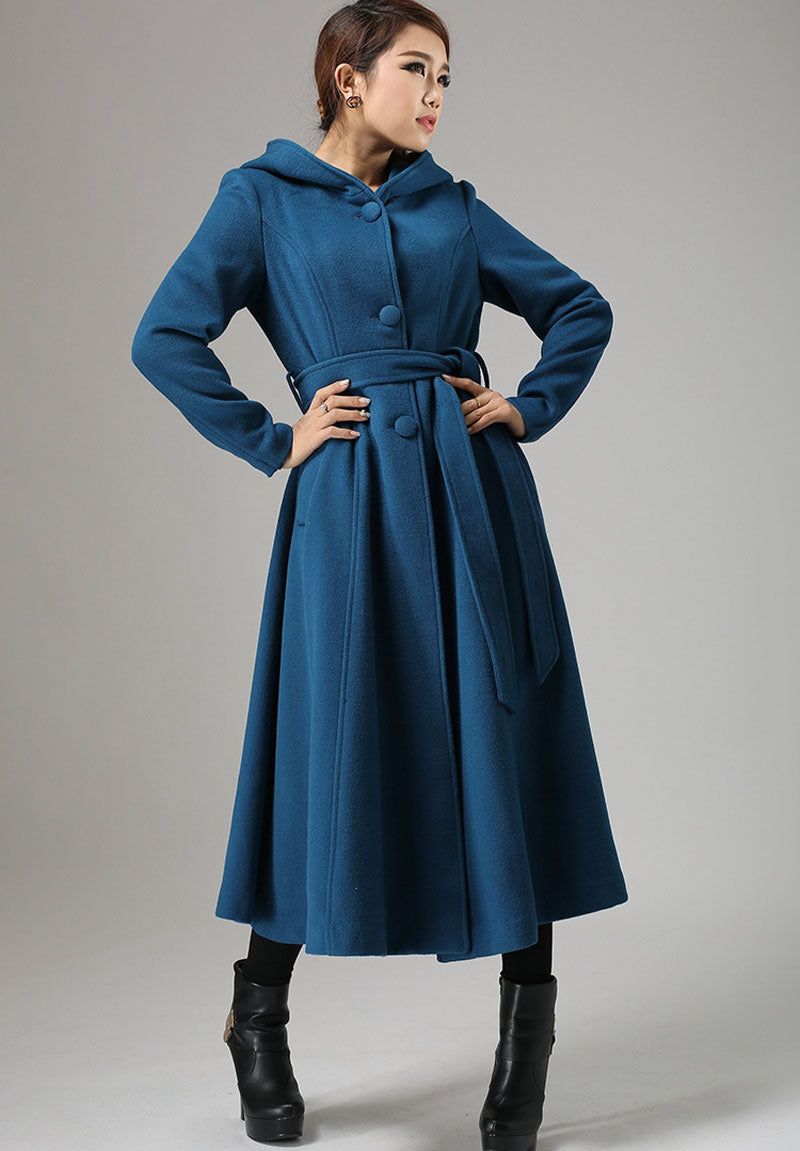 Vintage Teal Blue Wool Coat – Handmade Hooded Belted Winter Overcoat | Xiaolizi 739