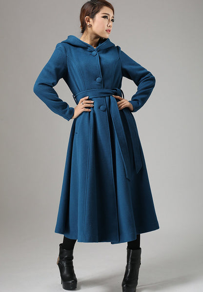 Vintage Teal Blue Wool Coat – Handmade Hooded Belted Winter Overcoat | Xiaolizi 739