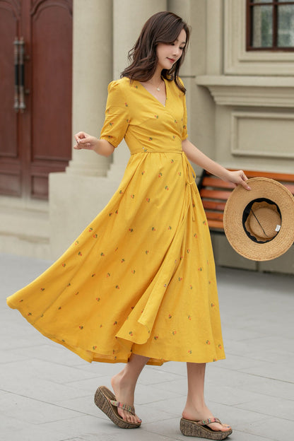 Yellow Cotton Linen Wrap Midi Dress - Floral Embroidery V-Neck | Xiaolizi 4947