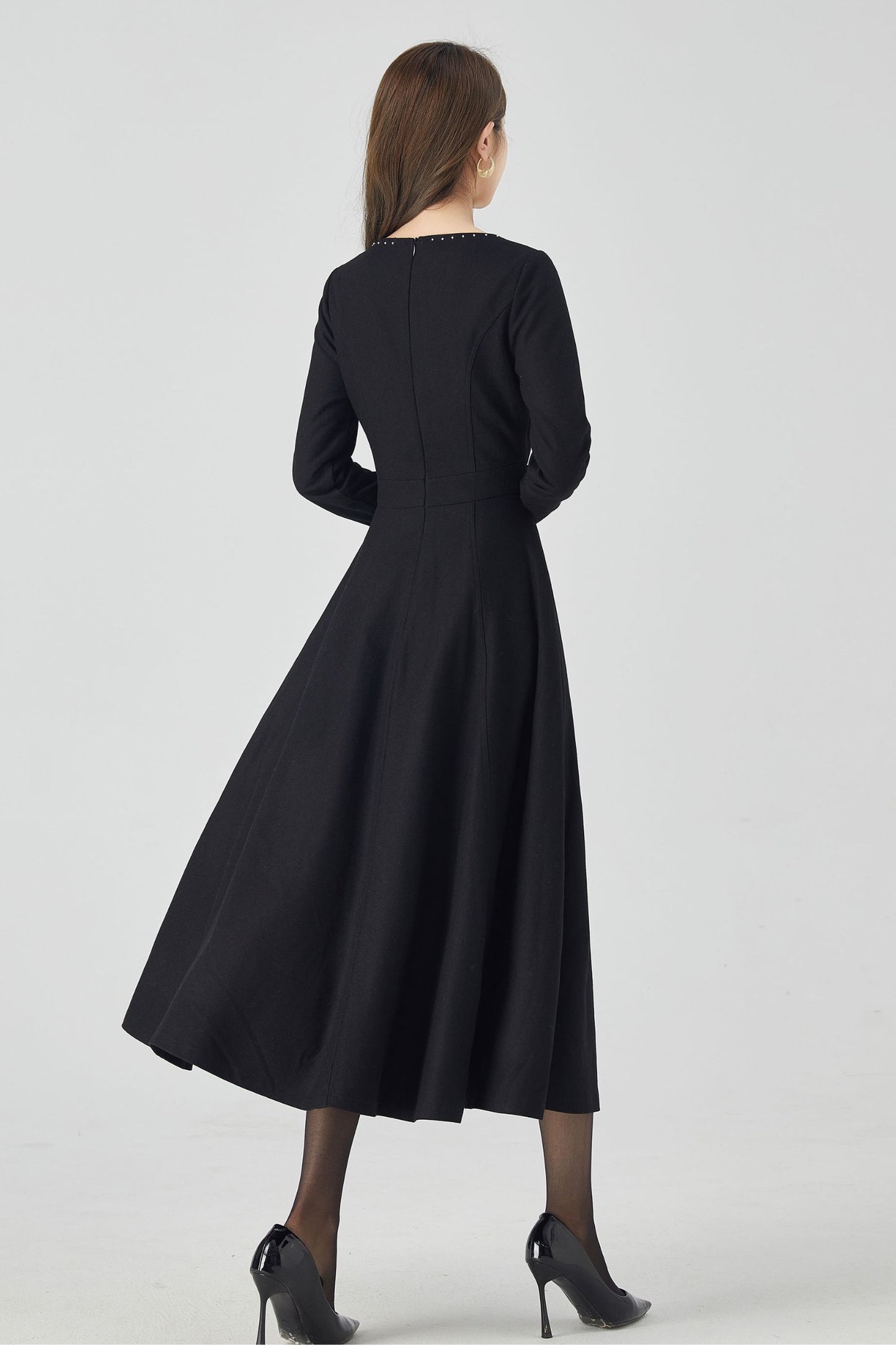 Long sleeves black midi wool dress 5246