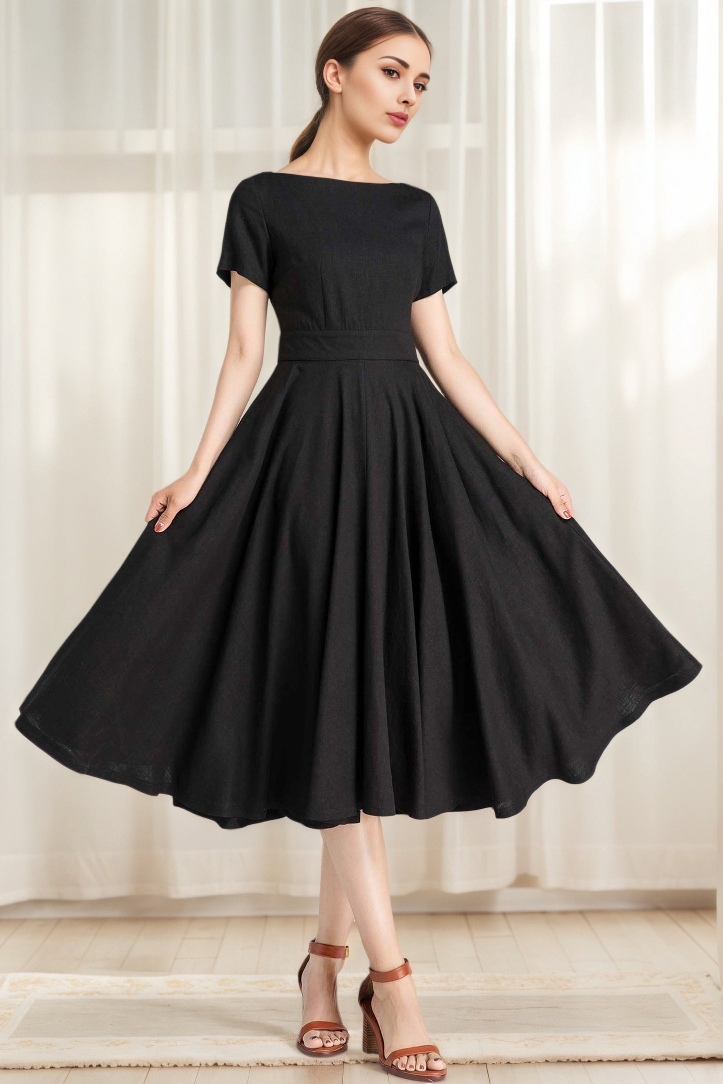 Little Black Linen Swing Dress – Boat Neck Fit and Flare Midi 6623