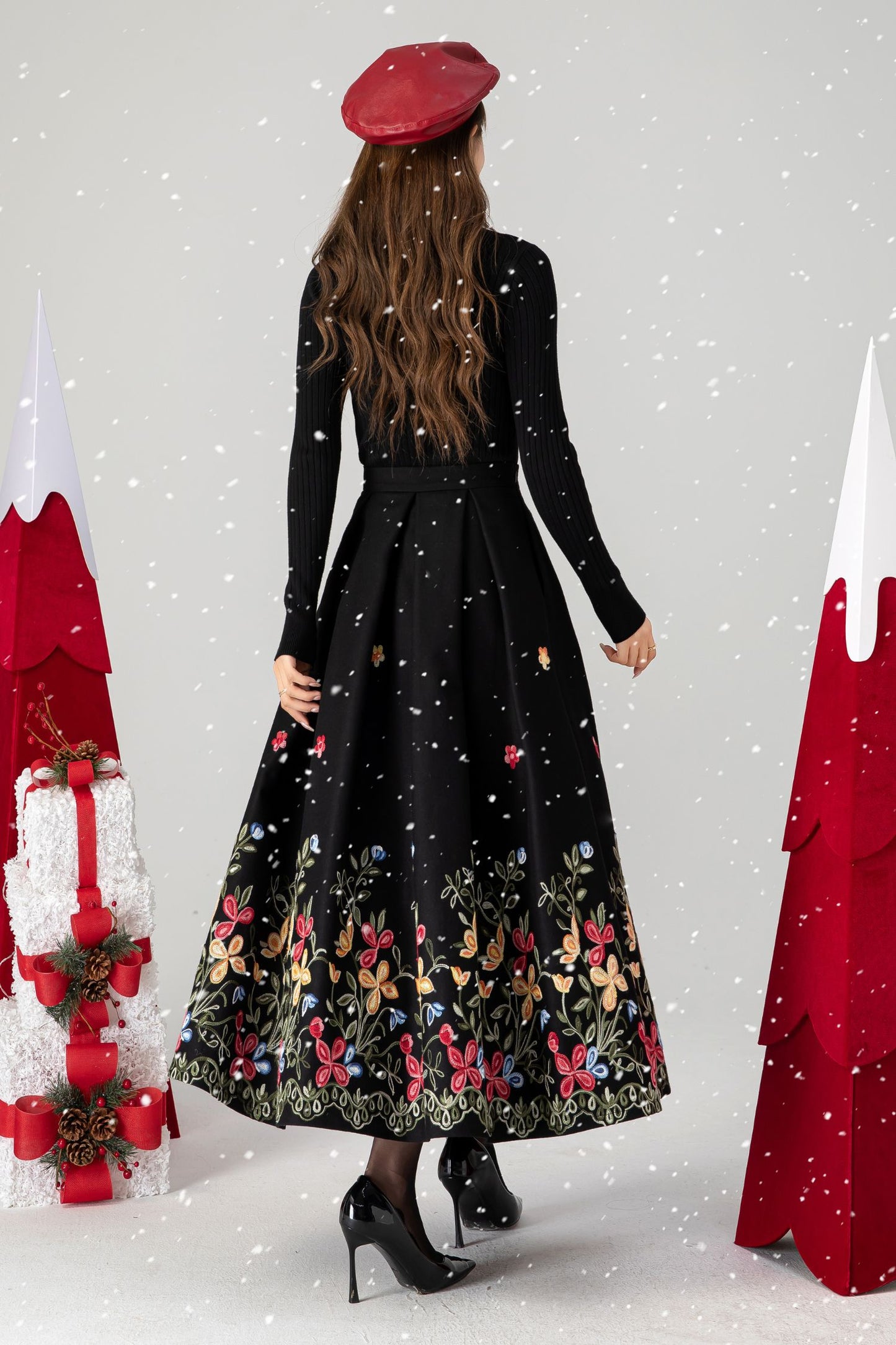 Black Maxi Embroidered Wool Skirt 4612