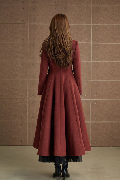 Red Brown Wool Fit and Flare Coat – Vintage Long Winter Wool Overcoat 5369