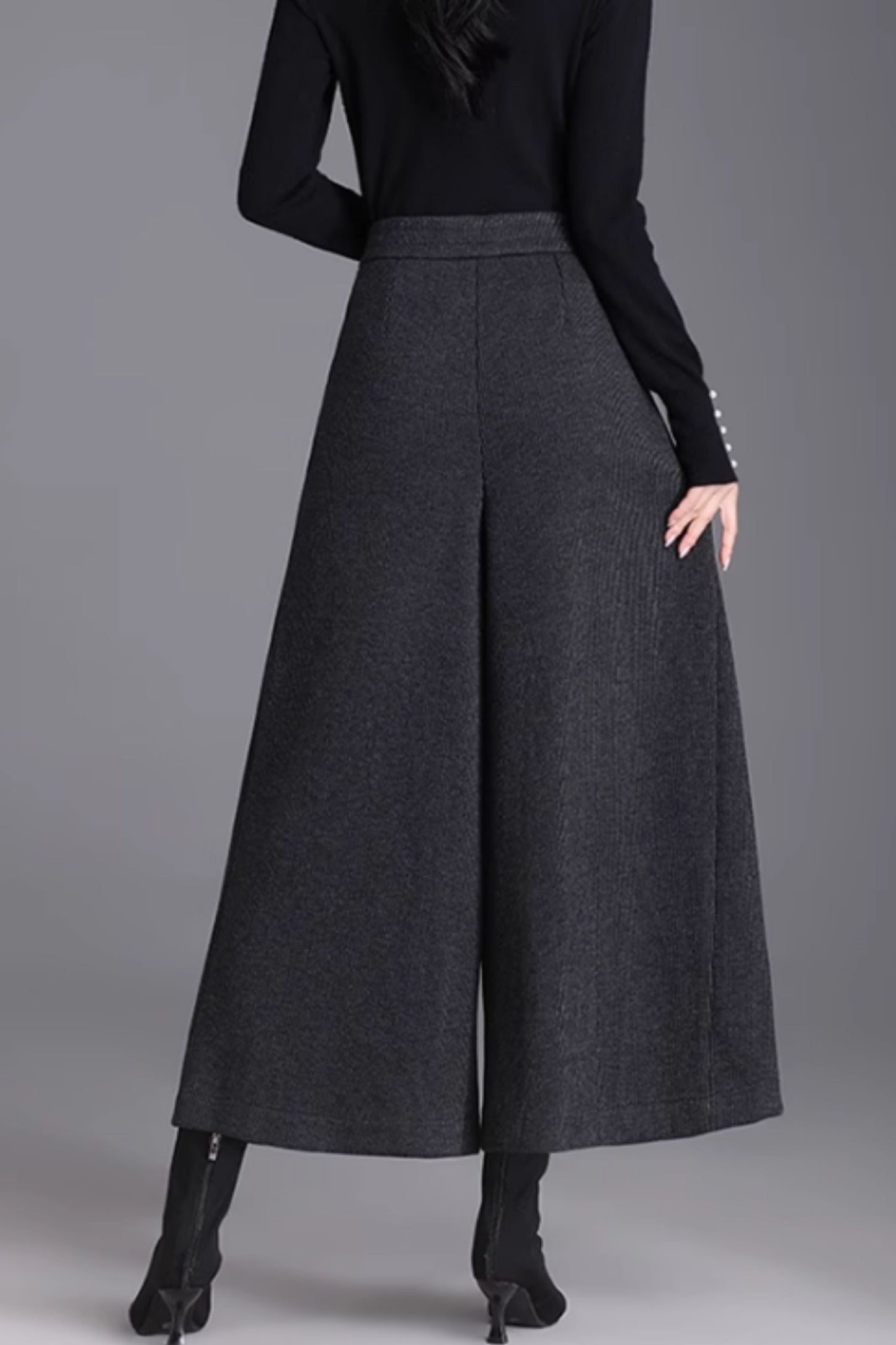 Gray Wool Wide Leg Pants - Warm Midi Length with Pockets 6368