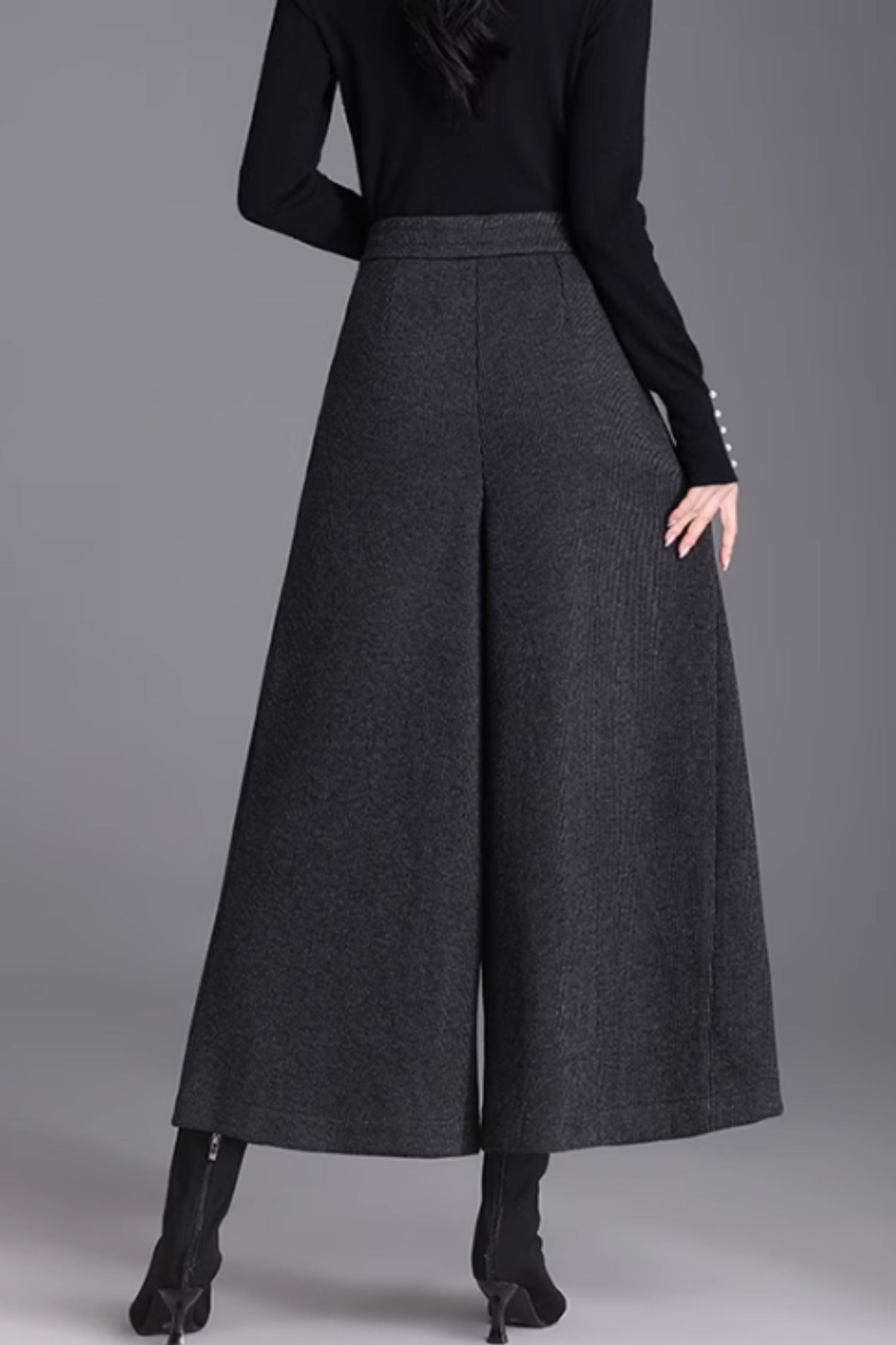 Gray Wool Wide Leg Pants - Warm Midi Length with Pockets 6368