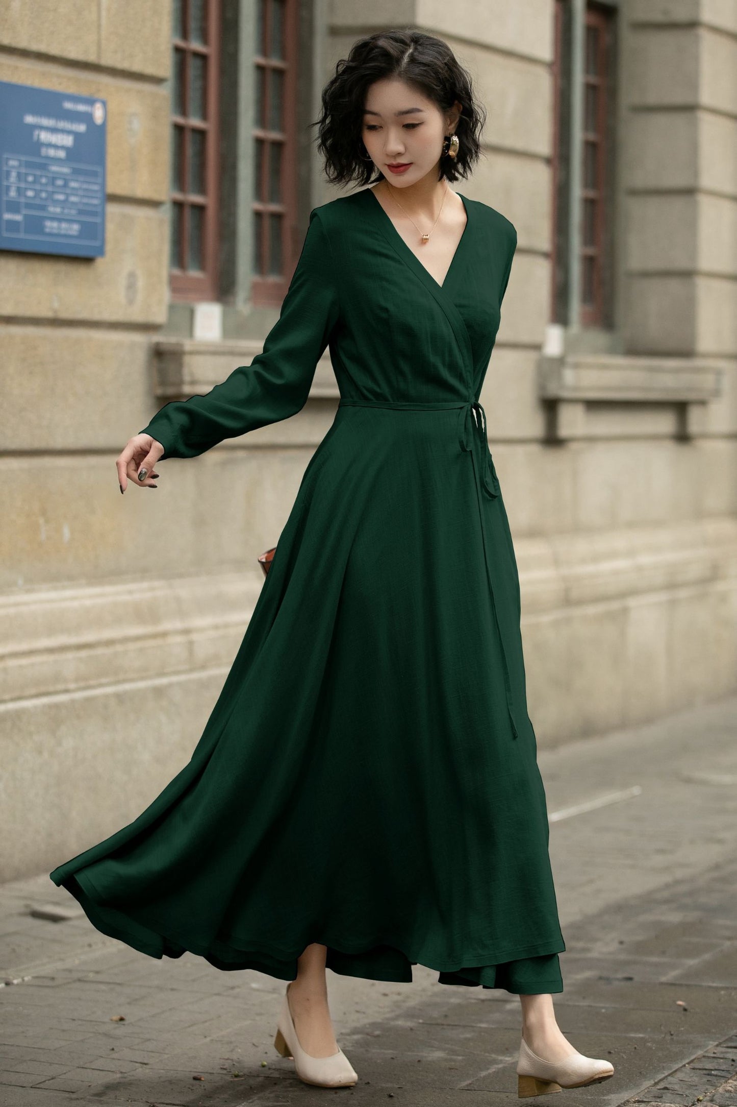 Handmade Linen Cotton Wrap Midi Dress – Vintage Elegant V-Neck Swing Dress 6300