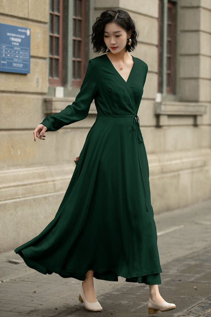 Handmade Linen Cotton Wrap Midi Dress – Vintage Elegant V-Neck Swing Dress 6300