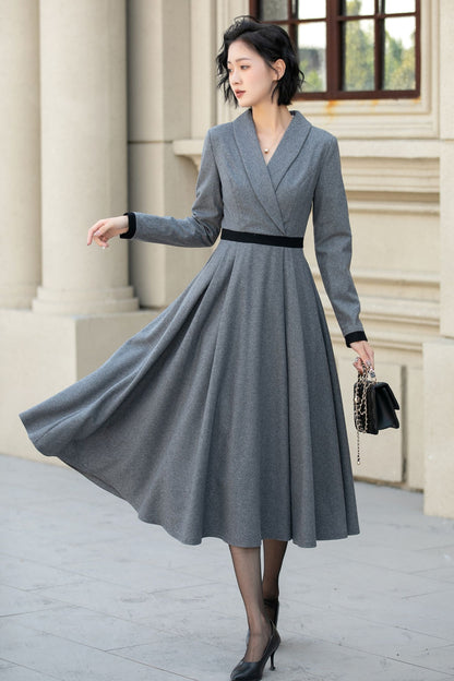 Elegant Gray Wool Dress – Long Sleeve Fit and Flare Midi Dress 5457