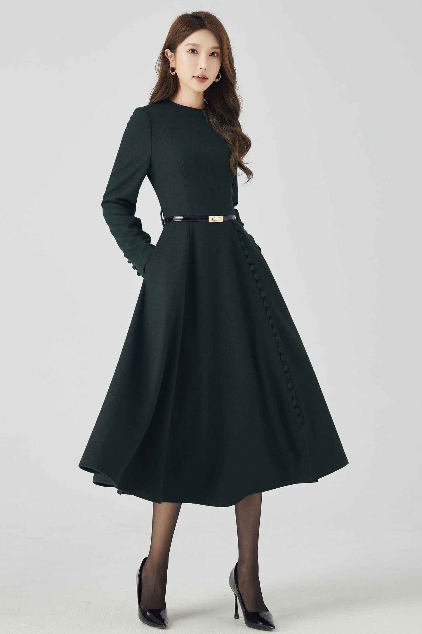 Dark Green Winter Long Wool Dress 4522