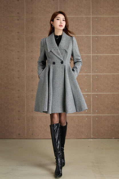 Wool Blend Fit and Flare Coat – Gray Double Breasted Coat with Pockets 5365