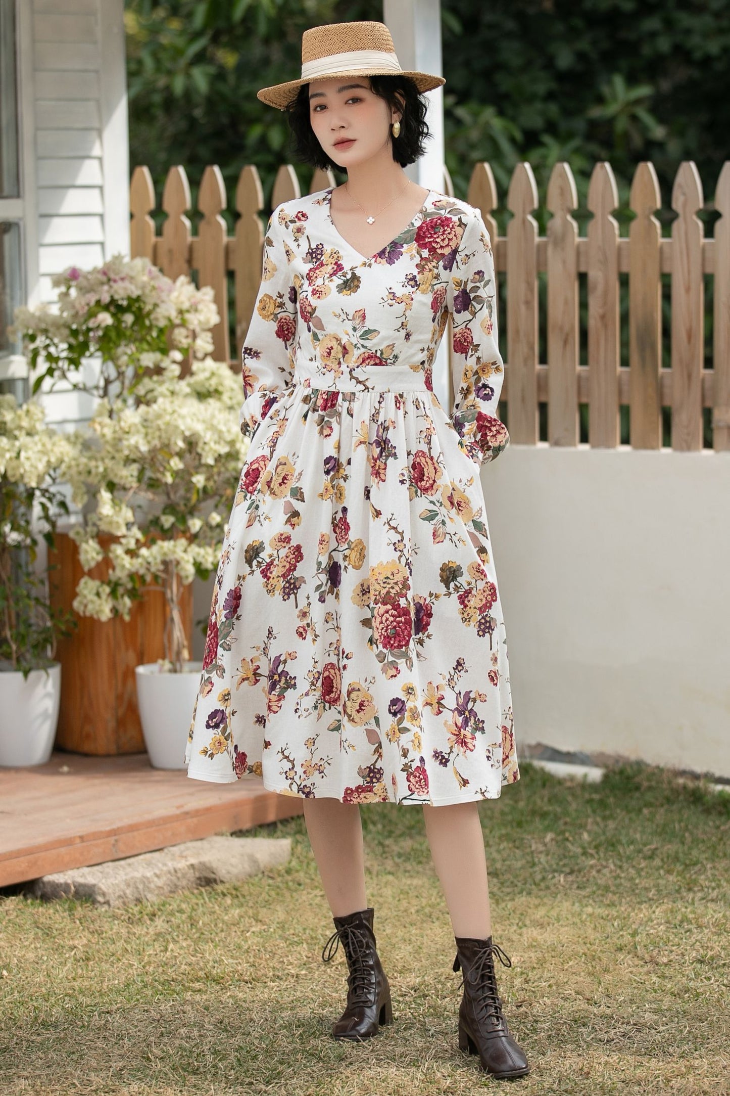 Xiaolizi Floral Linen Midi Dress – Vintage V Neck Swing 6692
