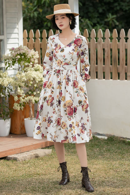 Xiaolizi Floral Linen Midi Dress – Vintage V Neck Swing 6692