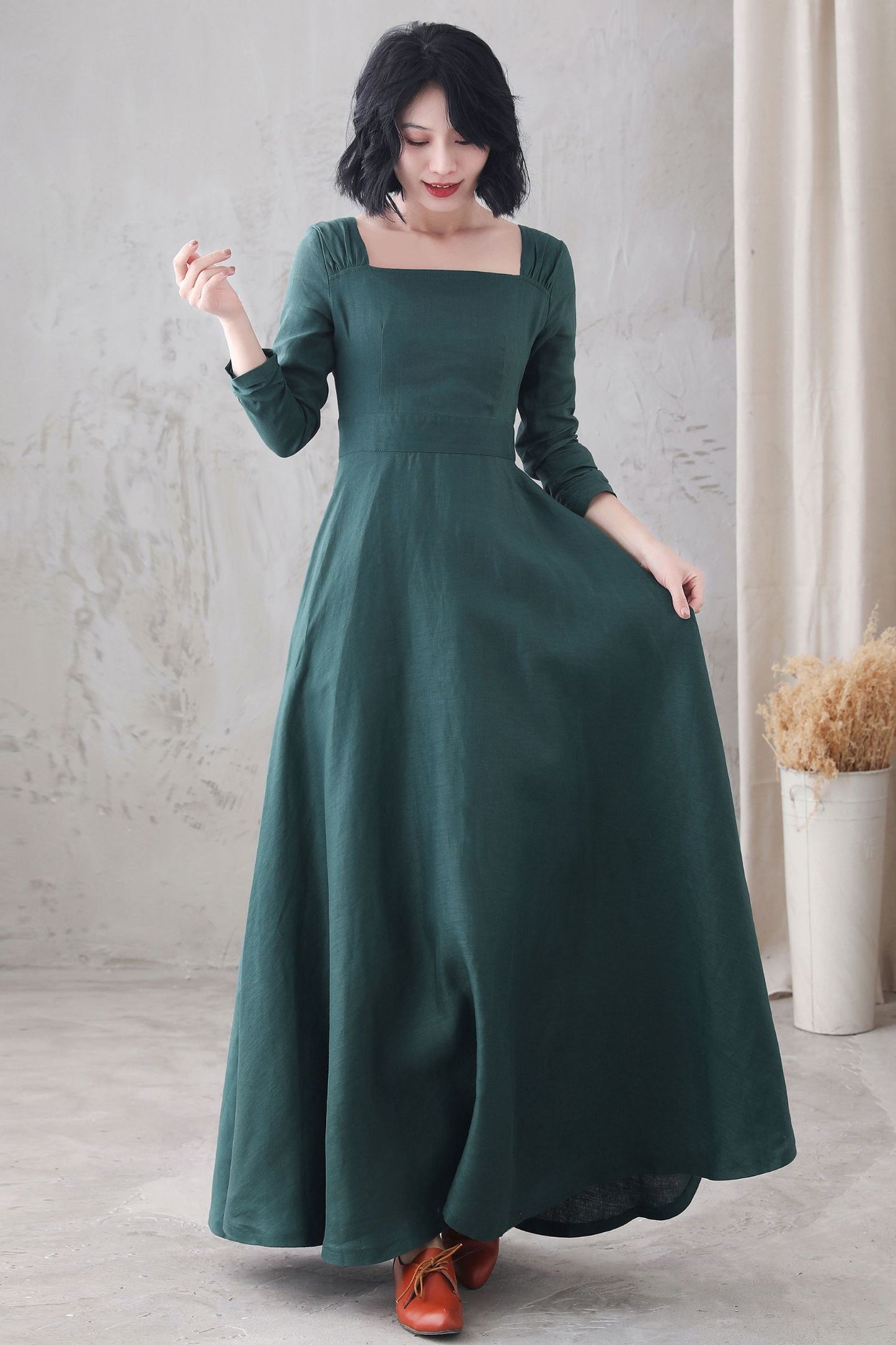 Long sleeve Linen Maxi dress with pocket 3285