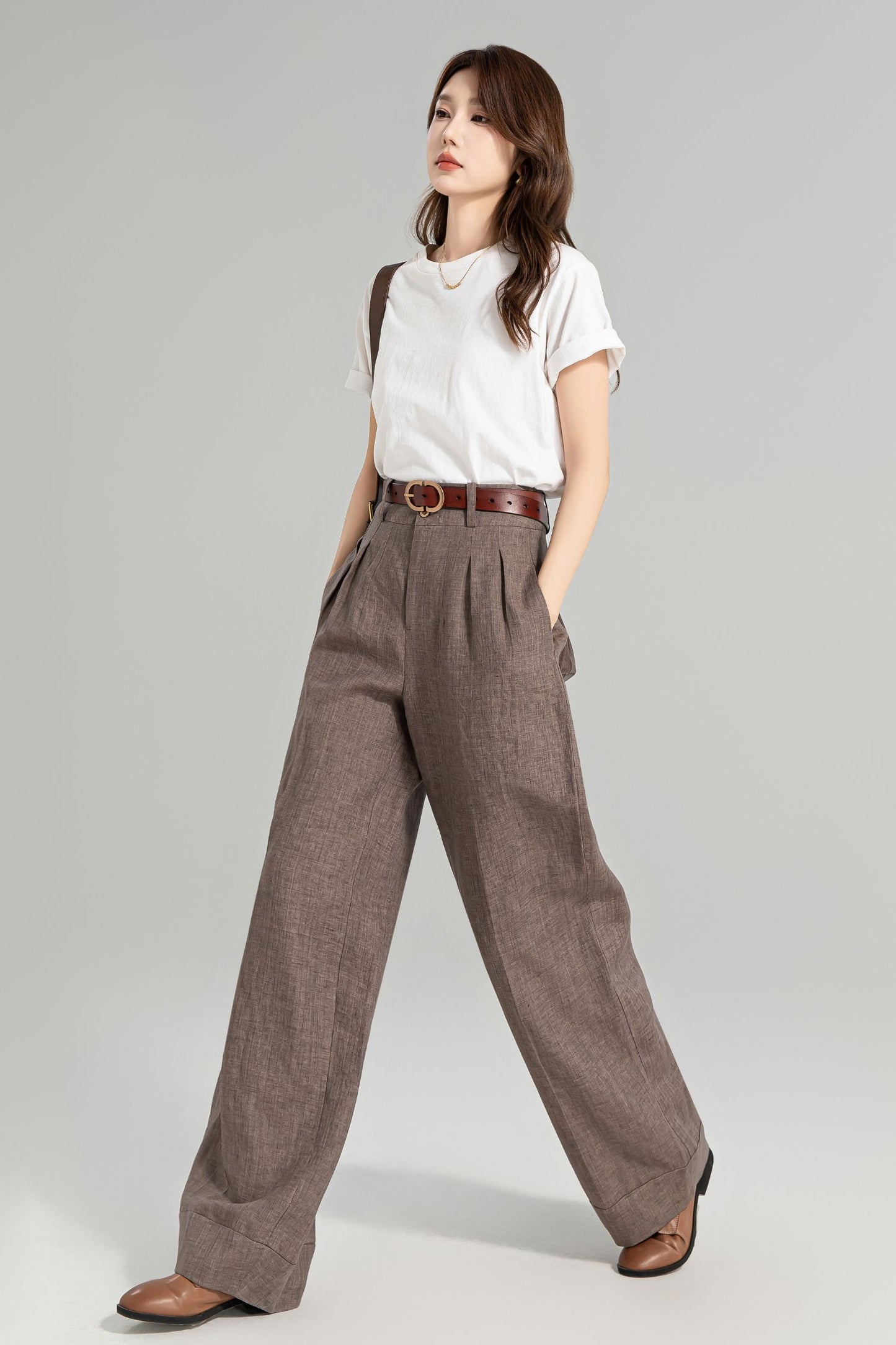 Brown wide leg long linen pants for women 4965