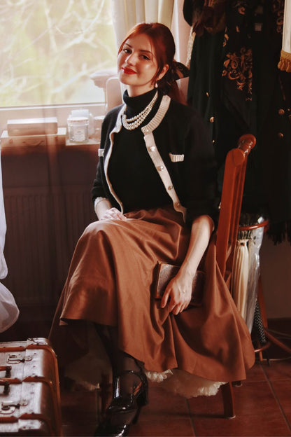 Brown Wool Circle Skirt - High Waist Pleated Winter Elegance 4836