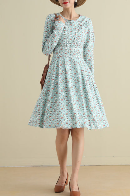 Floral Linen Knee-Length Dress - Long Sleeve, Round Neck 2795