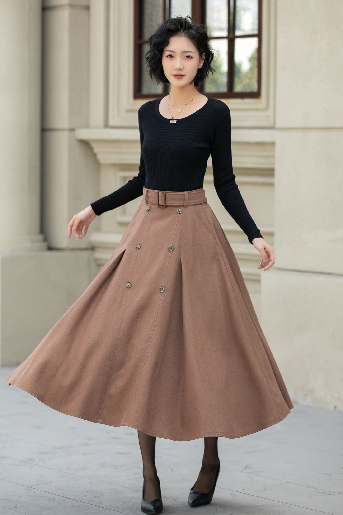 Brown button front a line wool skirt 5453