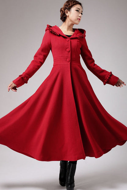 Red Wool Coat Maxi - Hooded Fit & Flare Silhouette 702