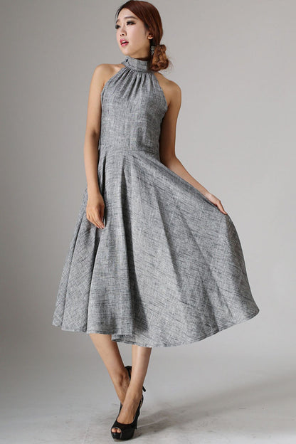Sleeveless gray midi summer linen dress 988