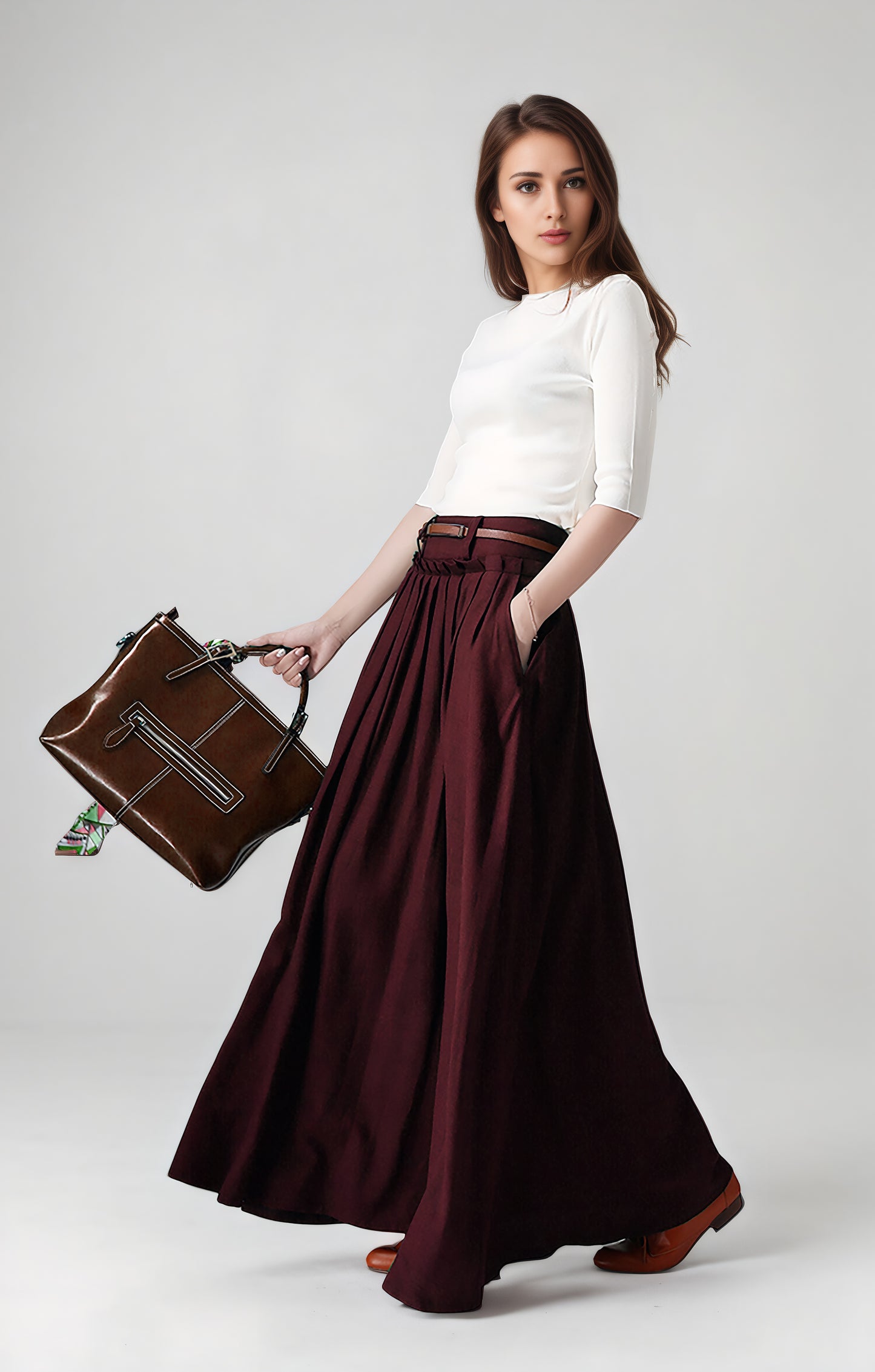Handmade Burgundy Linen Maxi Skirt – High Waist with Pockets 6749