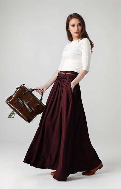 Handmade Burgundy Linen Maxi Skirt – High Waist with Pockets 6749