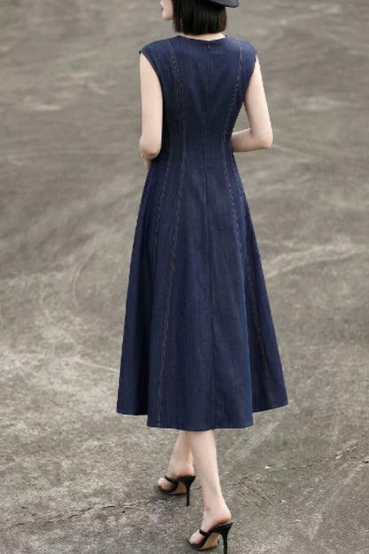 Elegant Sleeveless Denim Midi Dress for Everyday Wear | Xiaolizi 6824