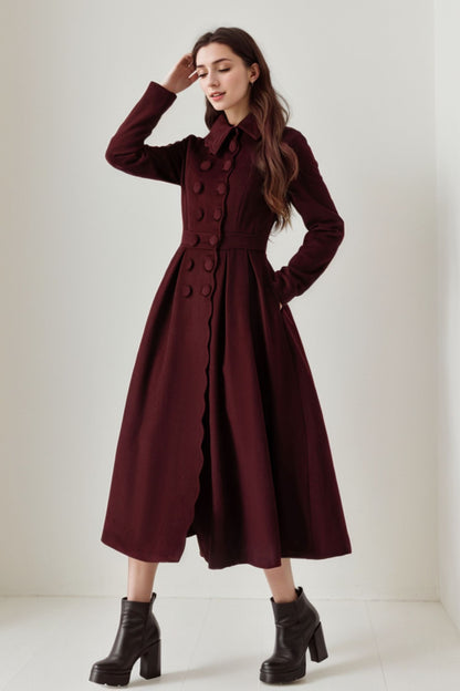 Burgundy princess winter wool coat 5244