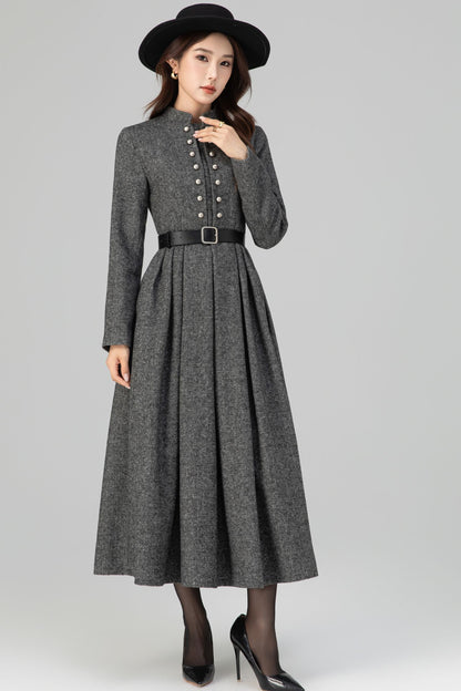 Long Sleeve Pleated Swing Wool Dress 6389