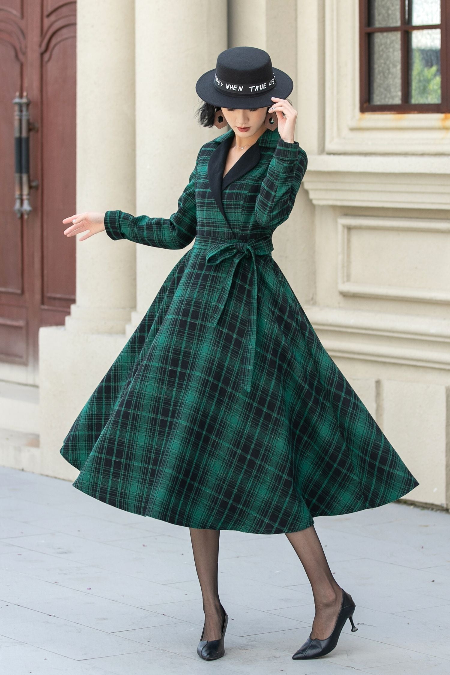 Green Plaid Wool Swing Dress Vintage Belted Midi Dress 5343 Green / XL Green Plaid Wool Swing Dress Vintage Belted Midi Dress 5343 Green / XL