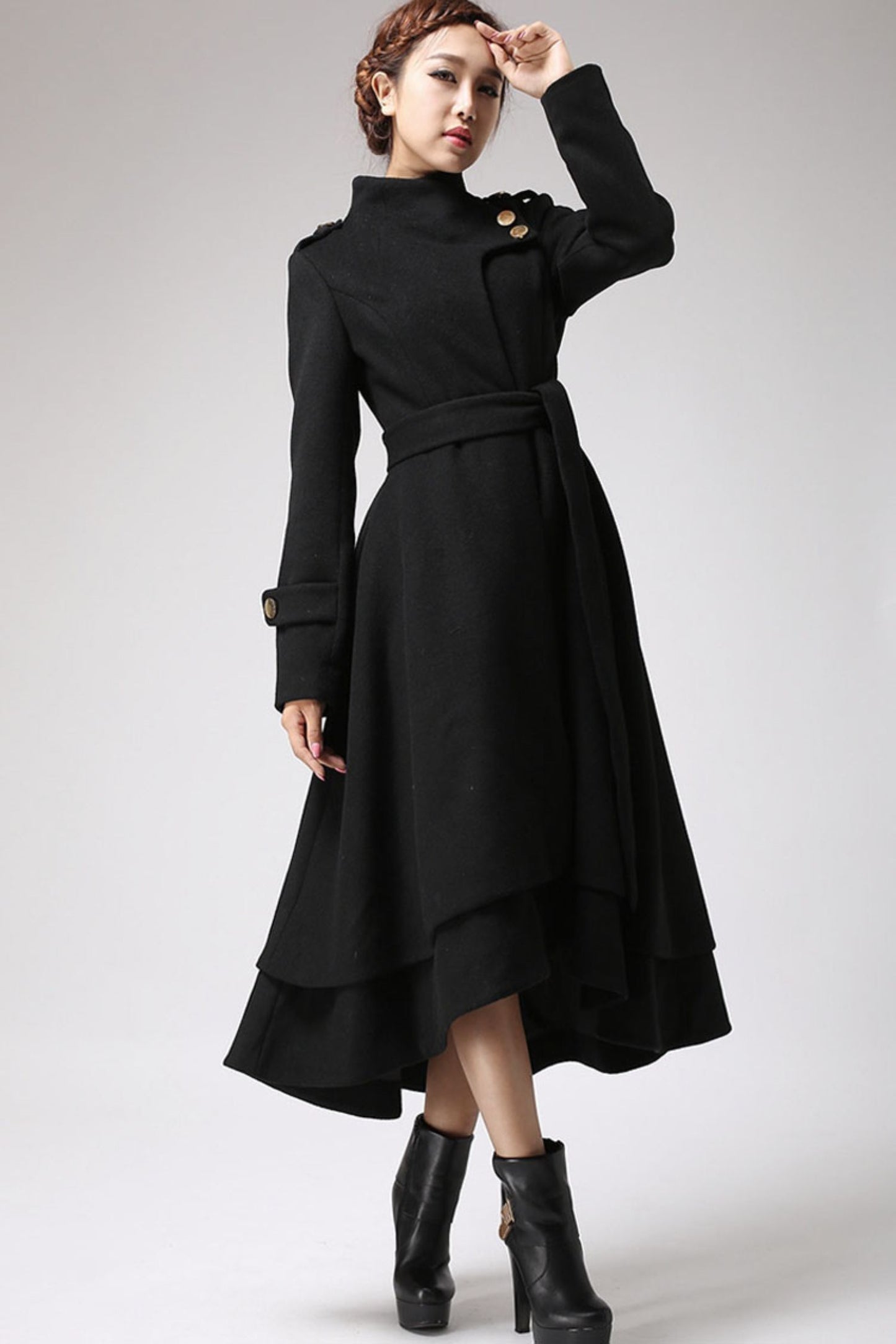 Asymmetrical Hem Black wool Coat  0703#