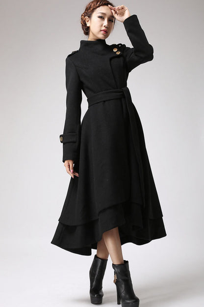 Handmade Asymmetrical Wool Coat – Elegant Belted Layered Long Winter Coat | Xiaolizi 0703