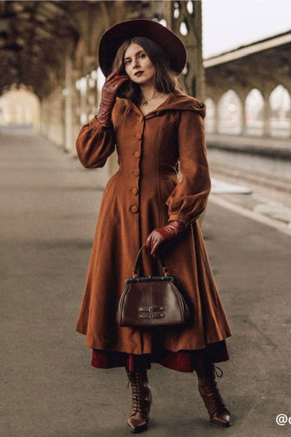 Handmade Wool Blend Coat – Lantern Sleeve Hooded Winter Coat 3255