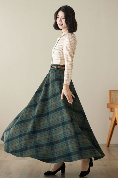 Green Maxi Wool Plaid Winter Skirt 4621