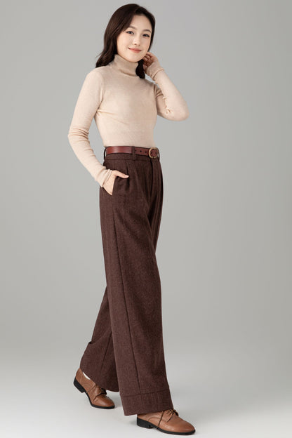 Women’s Chocolate Wool Trousers – Elegant Handmade High-Waist Pants | Xiaolizi 6464